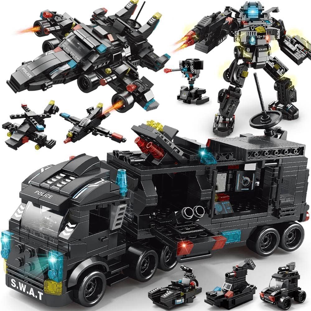 Toy building blocks set featuring a police truck, robots, and other vehicles on a white background