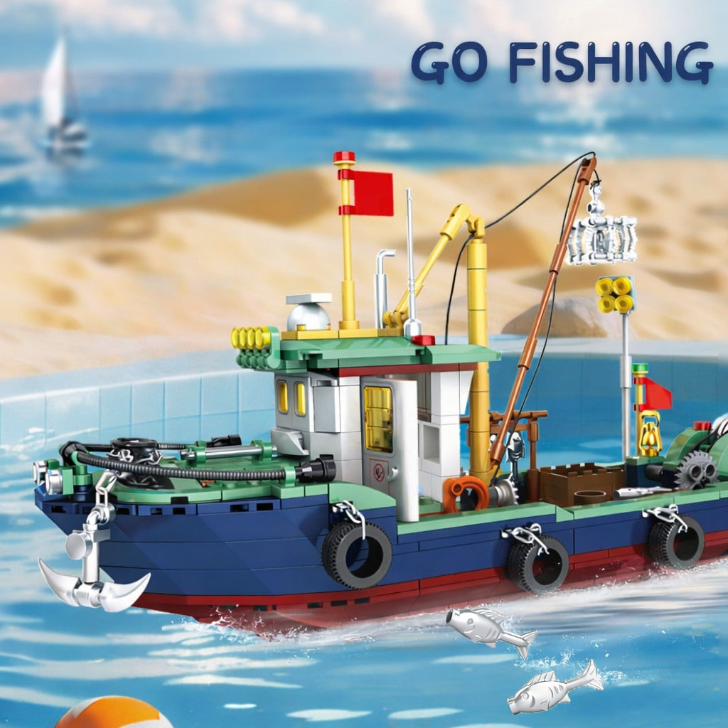 Set de Constructie cu Piese Tip Blocuri Constructie MiniBric Fishing Boat